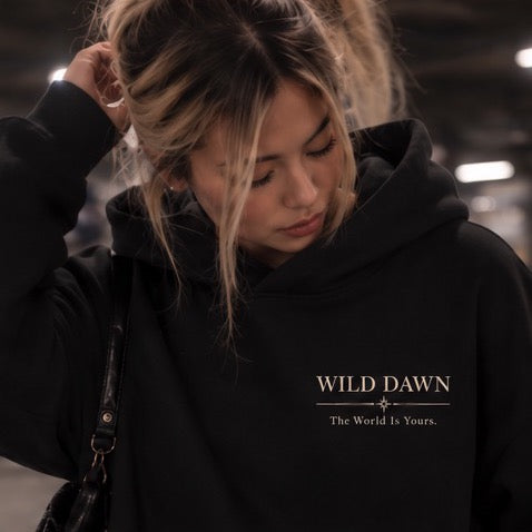 Before Dawn Hoodie, chest wordmark close-up